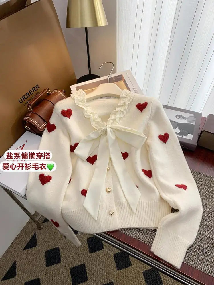 Winter Sweet Patchwork Heart Embroidery Knitting Sweaters Women Long Sleeved Bow Ruffles V-neck 2024 New Fashion Cardigan Tops