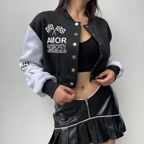 Load image into Gallery viewer, Moto Print Baseball Jacket Fleece Autumn Winter Coat Cropped Buttons Korean Varsity Jacket Women Outwear Contrast

