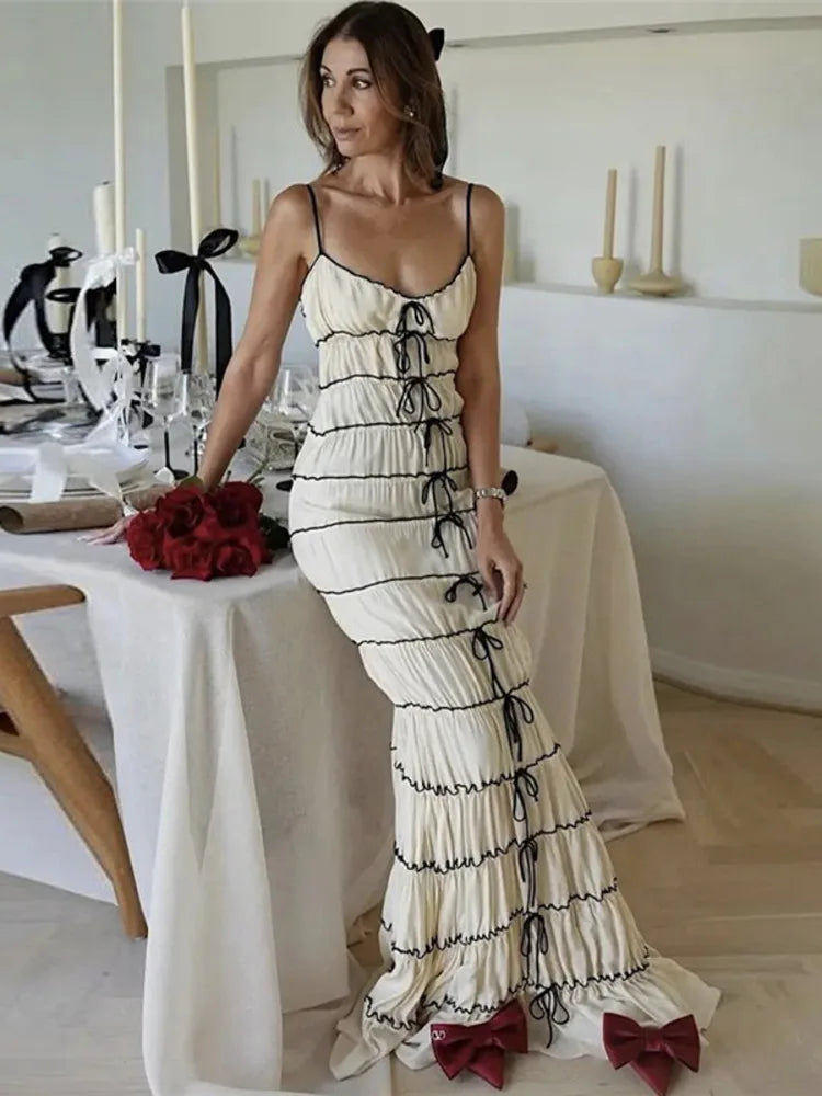 Elegant Spaghetti Strap Bodycon Women Dress 2024 Autumn Sexy Backless Pleated Party Club Evening Dress Waist Vestdos