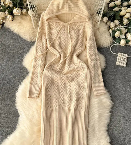 Retro Black Long-sleeved Party Sweater Midi Dress Autumn Winter Hooded Loose Women's Beige Elegant Twists Knitted Hip Wrap Dress