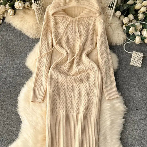 Load image into Gallery viewer, Retro Black Long-sleeved Party Sweater Midi Dress Autumn Winter Hooded Loose Women's Beige Elegant Twists Knitted Hip Wrap Dress
