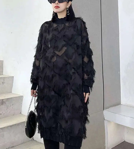 Women Black Tassels Perspective Big Size Knee-Length Dress New Turtleneck Long Sleeve Fashion Spring Autumn 2025 1DH8741