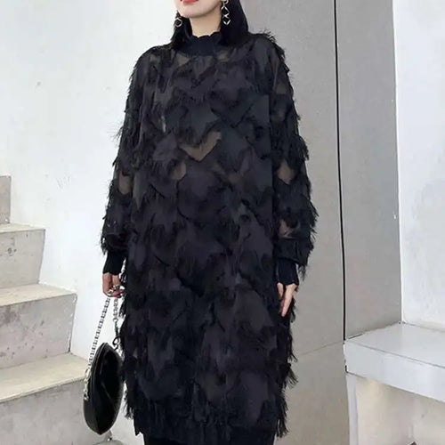 Load image into Gallery viewer, Women Black Tassels Perspective Big Size Knee-Length Dress New Turtleneck Long Sleeve Fashion Spring Autumn 2025 1DH8741
