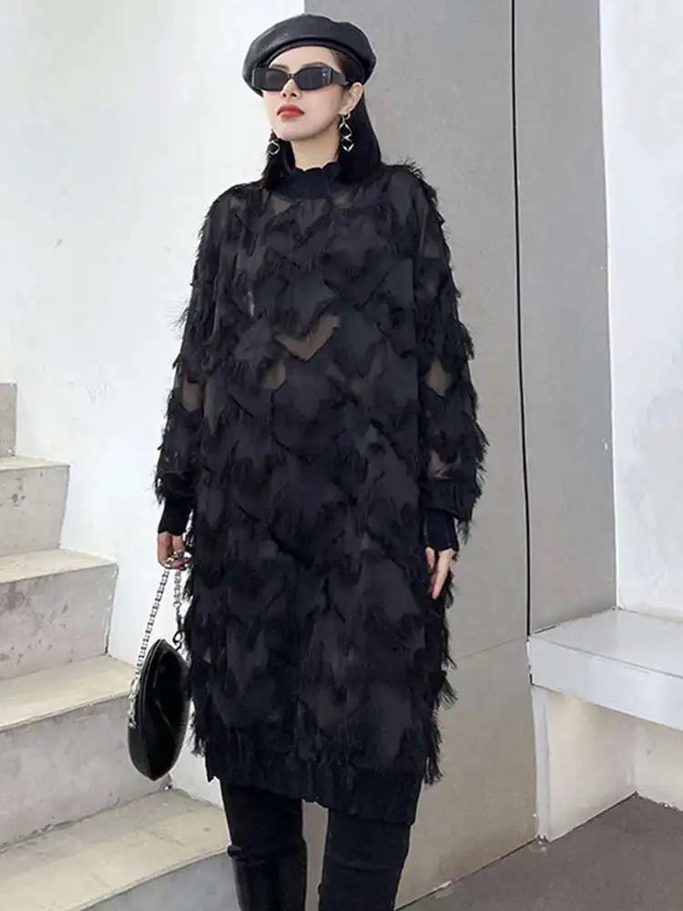 Women Black Tassels Perspective Big Size Knee-Length Dress New Turtleneck Long Sleeve Fashion Spring Autumn 2025 1DH8741