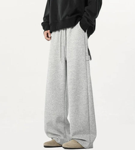 Korean Style Men's Sweatpants Elastic Waist Solid Color Straight Trousers Drawstring Wide Leg Male Bottom Spring New 9W1251