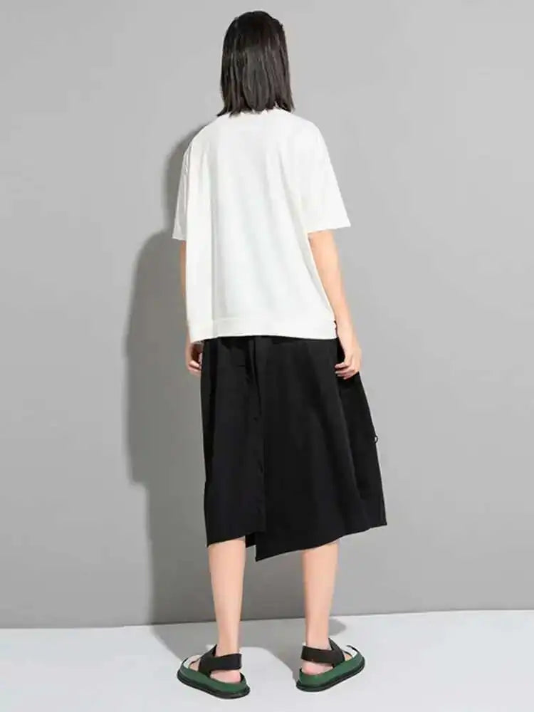 Women Red Color-block Pocket Big Size Casual  T-shirt New Round Neck Short Sleeve Fashion Tide Spring Summer 2025 1DH5953