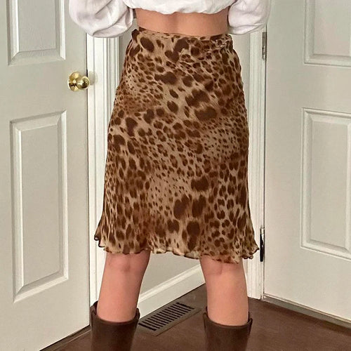 Load image into Gallery viewer, Vintage Leopard Print Frill Trim Mesh Women Skirt Low Waist Double Layers 90s Retro Knee-Length Skirt Party Clothing
