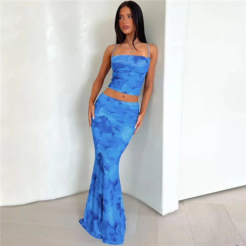 Load image into Gallery viewer, Strapless Print Sexy Two Piece Sets Women Spaghetti Strap Crop Tops And Maxi Skirt Female Elegant Printed 2 Piece Sets
