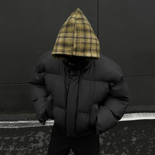 Load image into Gallery viewer, Korean Style Men&#39;s Padded Jackets Hooded Plaid Woolen Patchwork Contrast Color Detachable Hat Casual Male Coats New 9C9088
