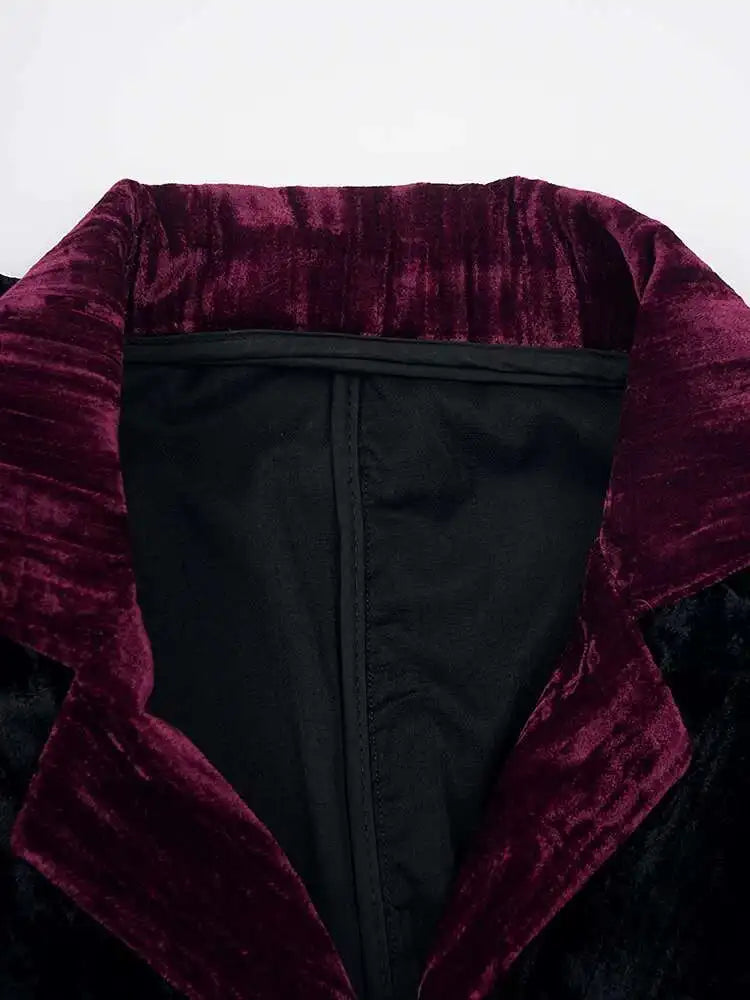 Women Black Color-block Velvet Big Size Elegant Blazer New Lapel Long Sleeve Jacket Fashion Spring Autumn 2025 CPG2126