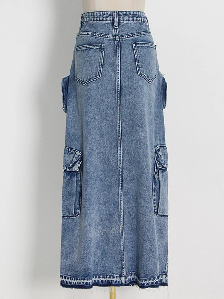 Patchwork Pockets Streetwear Denim Skirts For Women High Waist Spliced Button Solid Casual Split Skirt Female Fashion Style