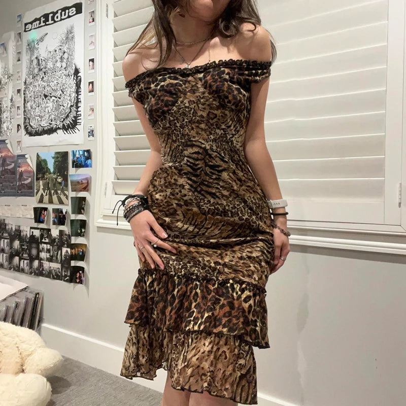 Vintage Fashion Elegant Leopard Party Dress Female Ruched Tirtted Y2K Aesthetic Club Summer Midi Dress Sleeveless New