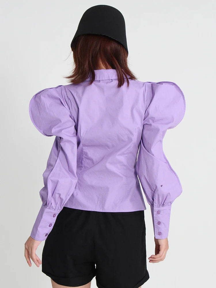 Korean Style Slim Shirt For Women V Neck Puff Sleeve Solid Minimalist Blouses Female Spring Clothing Fashion