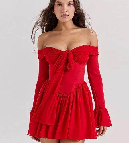 Elegant Strapless Backless Sexy Mini Dress For Women Red Off-shoulder Long Flare Sleeve Pleated Club Party Dress 2024
