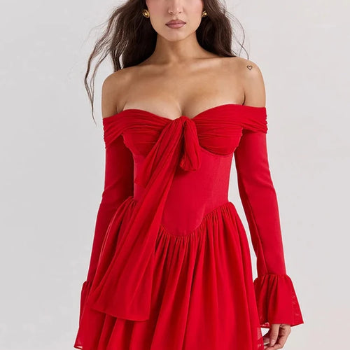 Load image into Gallery viewer, Elegant Strapless Backless Sexy Mini Dress For Women Red Off-shoulder Long Flare Sleeve Pleated Club Party Dress 2024
