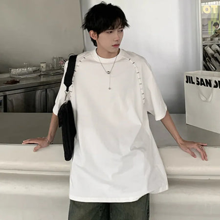 Patchwork Male T- Shirt Personality Roun Collar Solidcolor Men Short Sleeve Tops Casual Men's Clothing Spring 9C4748