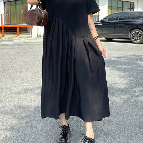 Load image into Gallery viewer, Women Black Irregular Pleated Big Size Midi Dress New Round Neck Short Sleeve Fashion Tide Spring Summer 2025 1DJ0851
