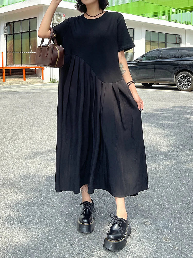 Women Black Irregular Pleated Big Size Midi Dress New Round Neck Short Sleeve Fashion Tide Spring Summer 2025 1DJ0851