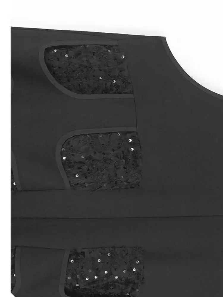 Women Black Sequins Spliced Big Size Midi Vest Dress New V-Neck Sleeveless Fashion Tide Spring Autumn 2025 1DH9971