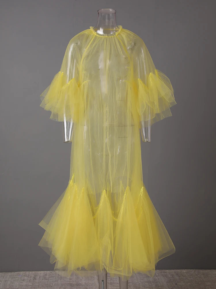 Women Black Ruffles Long Big Size Dress New Round Neck Three-quarter Sleeve Loose Fit Fashion Spring Summer 2025 JR77101