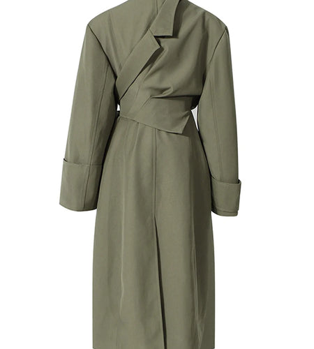Women Green Irregular Big Size Trench New Lapel Long Sleeve Loose Fit Windbreaker Fashion Tide Spring Autumn 2025 1DE2795