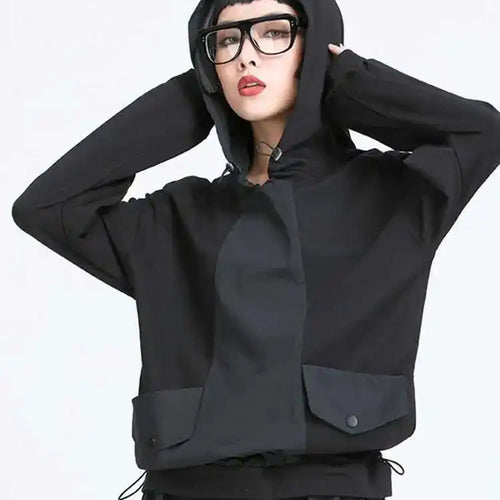 Load image into Gallery viewer, Women Black Pocket Split Joint Drawstring Big Size T-shirt New Hooded Long Sleeve  Fashion Tide  Spring Autumn 2025 1Y772
