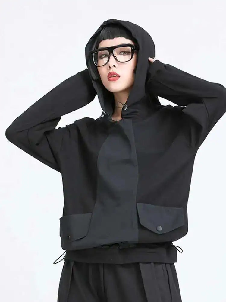 Women Black Pocket Split Joint Drawstring Big Size T-shirt New Hooded Long Sleeve  Fashion Tide  Spring Autumn 2025 1Y772