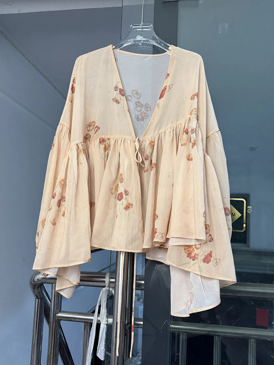 Elegant Two Piece Set For Women V Neck Long Sleeve Spliced Lace Up Top High Waist Dress Loose Sts Female Clothes