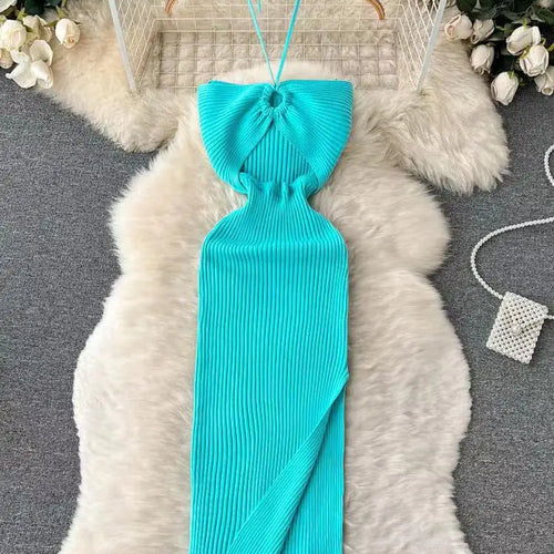 Load image into Gallery viewer, Korean Women's Solid Elegant Sexy Club Slim Wrapped Hip Halter Lace-up Split Long Dress Summer Vacation Knitted Party Dress Chic
