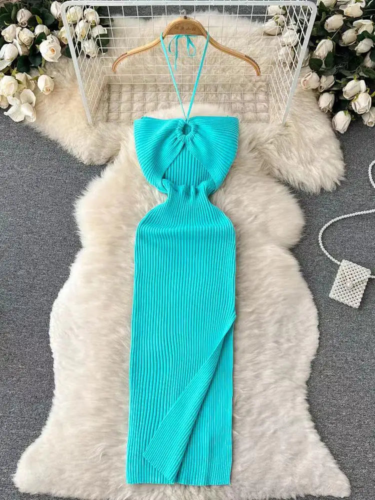 Korean Women's Solid Elegant Sexy Club Slim Wrapped Hip Halter Lace-up Split Long Dress Summer Vacation Knitted Party Dress Chic