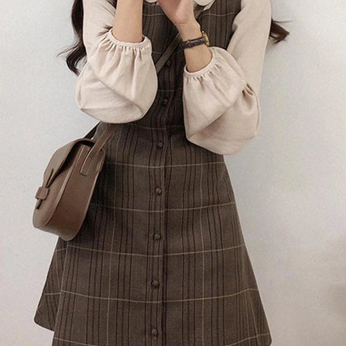 Load image into Gallery viewer, Cute Mini New Year Date Dresses Sleeveless Vest Women Korea Japanese Style Design Retro Vintage Plaid Button Shirt Dress
