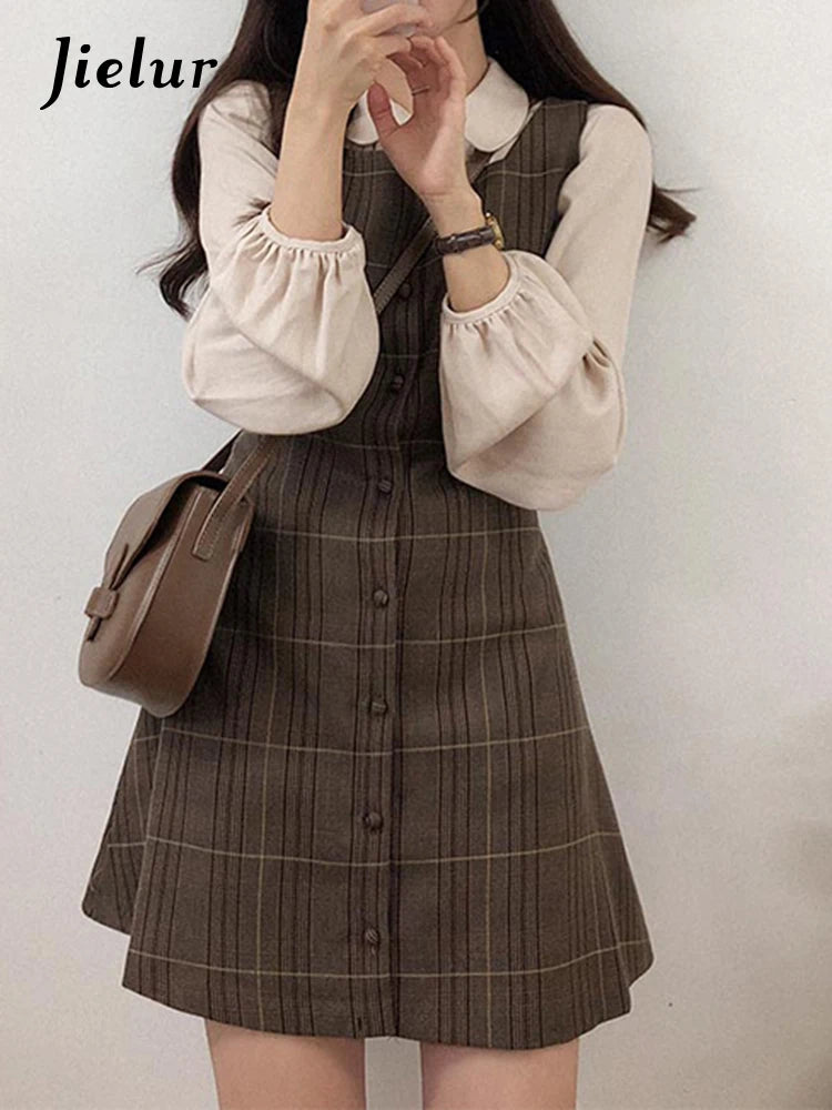 Cute Mini New Year Date Dresses Sleeveless Vest Women Korea Japanese Style Design Retro Vintage Plaid Button Shirt Dress