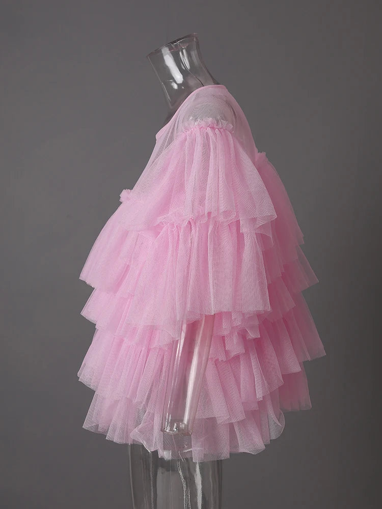 Mesh T-shirt Cake Half-body Skirt Two Pieces Suit New Round Neck Short Sleeve Women Fashion Spring Summer 2025 CPG3209