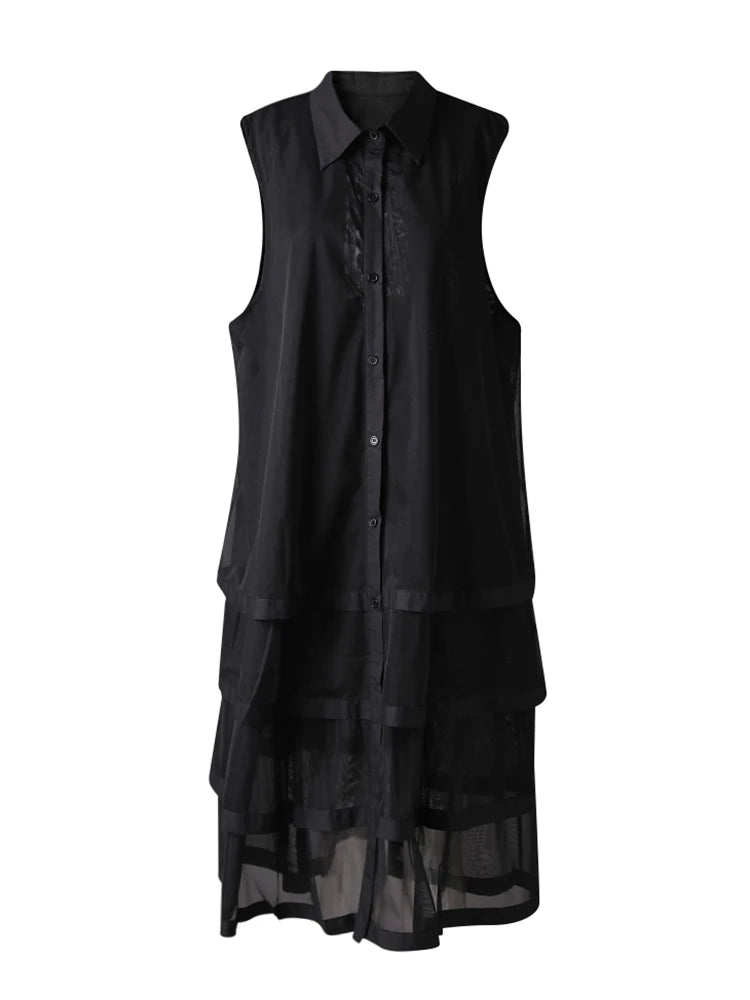 Women Black Layers Mesh Big Size Midi Vest Shirt Dress New Lapel Sleeveless Fashion Tide Spring Summer 2025 1DH9472