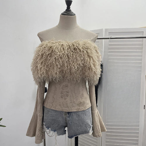 Load image into Gallery viewer, Y2k Aesthetic Vintage Fur Patchwork Bodycon Tees Harajuku Women Slash Neck Grunge T-shirt Streetwear Fairy Hole Cropped Tshirt
