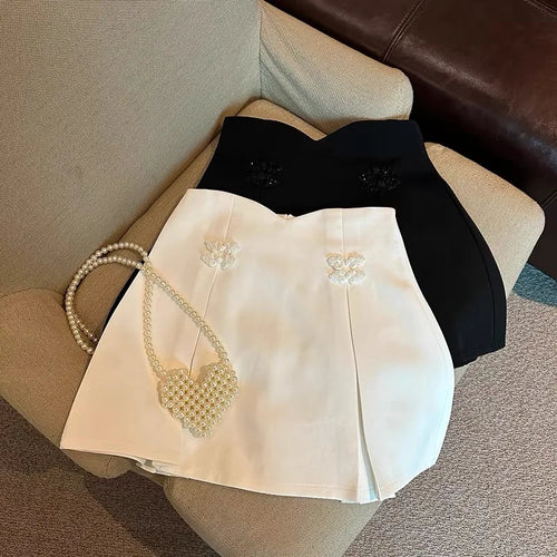 Load image into Gallery viewer, White Chinese Style Button Up Mini Skirts Women Black High Waisted Pleated A-line Wrapped Hip Short Skirt Chic Korean 2024 Retro
