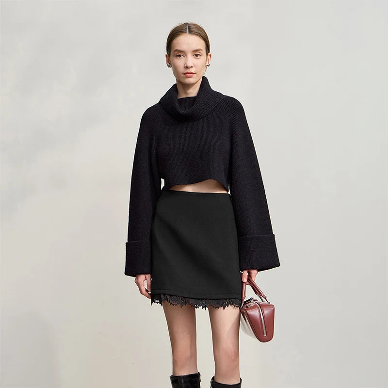 Minimalist Mini Skirt 2025 Winter New Short Wool Warm Skirts For Women Patchwork Lace Casual Solid Clothing Ladies 12544125