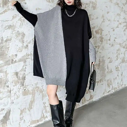 Load image into Gallery viewer, Women Gray Color-block Big Size Irregular Knitting Dress New Turtleneck Long Sleeve Fashion Spring Autumn 2025 1DH6561
