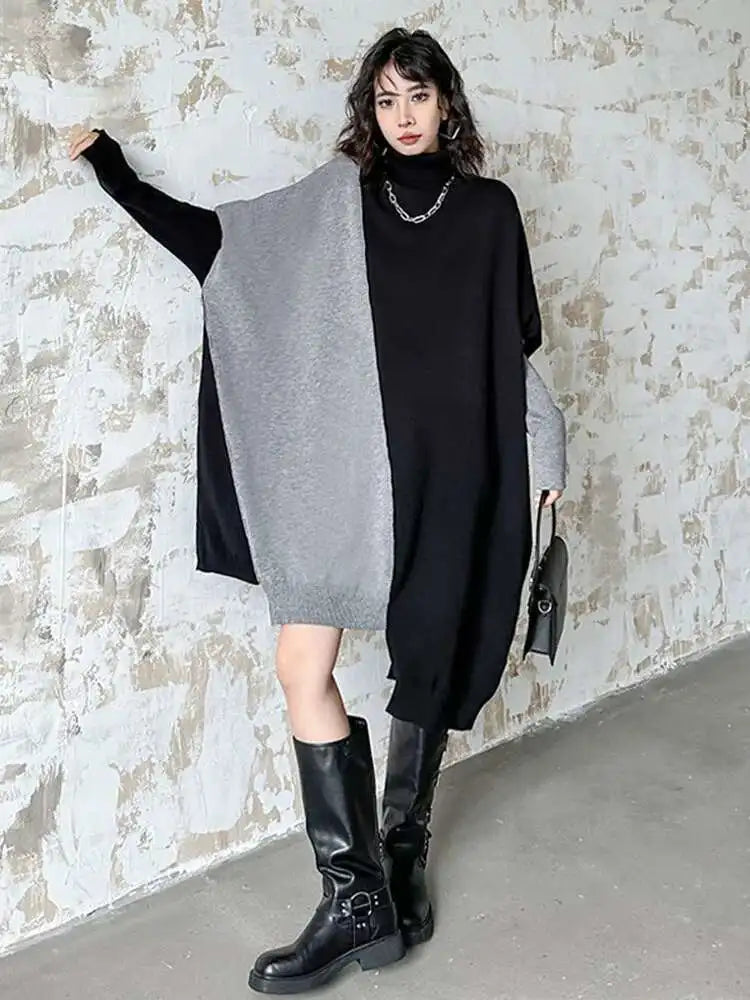 Women Gray Color-block Big Size Irregular Knitting Dress New Turtleneck Long Sleeve Fashion Spring Autumn 2025 1DH6561