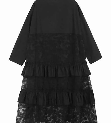 Women Black Flower Mesh Big Size Ruffles Casual Dress New Round Neck Long Sleeve Fashion Tide Spring Autumn 2025 1DH8213