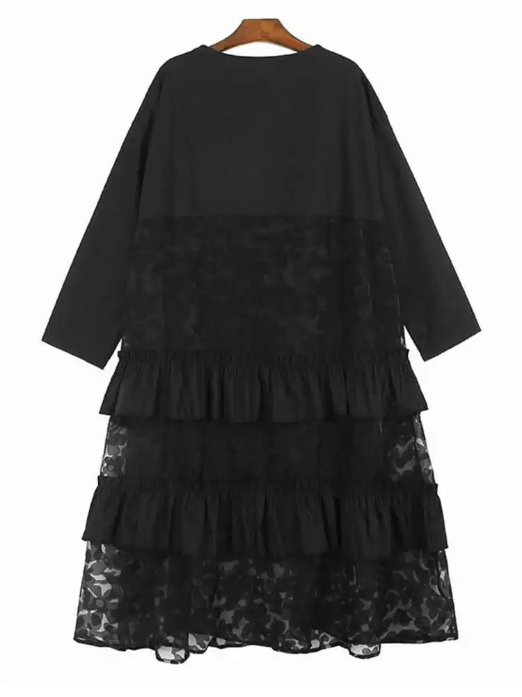 Women Black Flower Mesh Big Size Ruffles Casual Dress New Round Neck Long Sleeve Fashion Tide Spring Autumn 2025 1DH8213