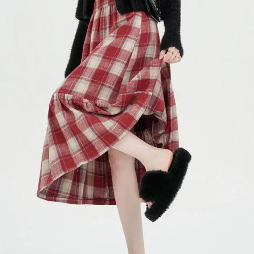 Load image into Gallery viewer, French Vintage Autumn Winter Red Plaid Elegant Pleated Long Skirt For Women's High Waist Festival Ruffles A-line Skirts 2024 New
