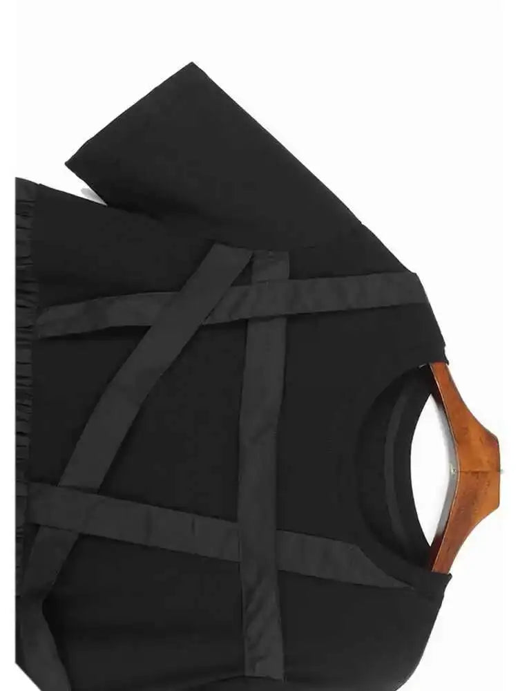 Women Black Ribbons Design Big Size Midi Dress New Round Neck Short Sleeve Fashion Tide Spring Summer 2025 1DH5566