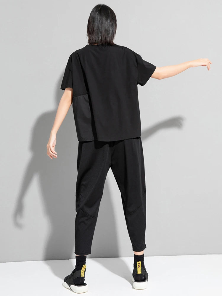 Women Black Waist Drawstring Big Size Casual T-shirt New Round Neck Short Sleeve Fashion Tide Spring Summer 2025 1DJ1833