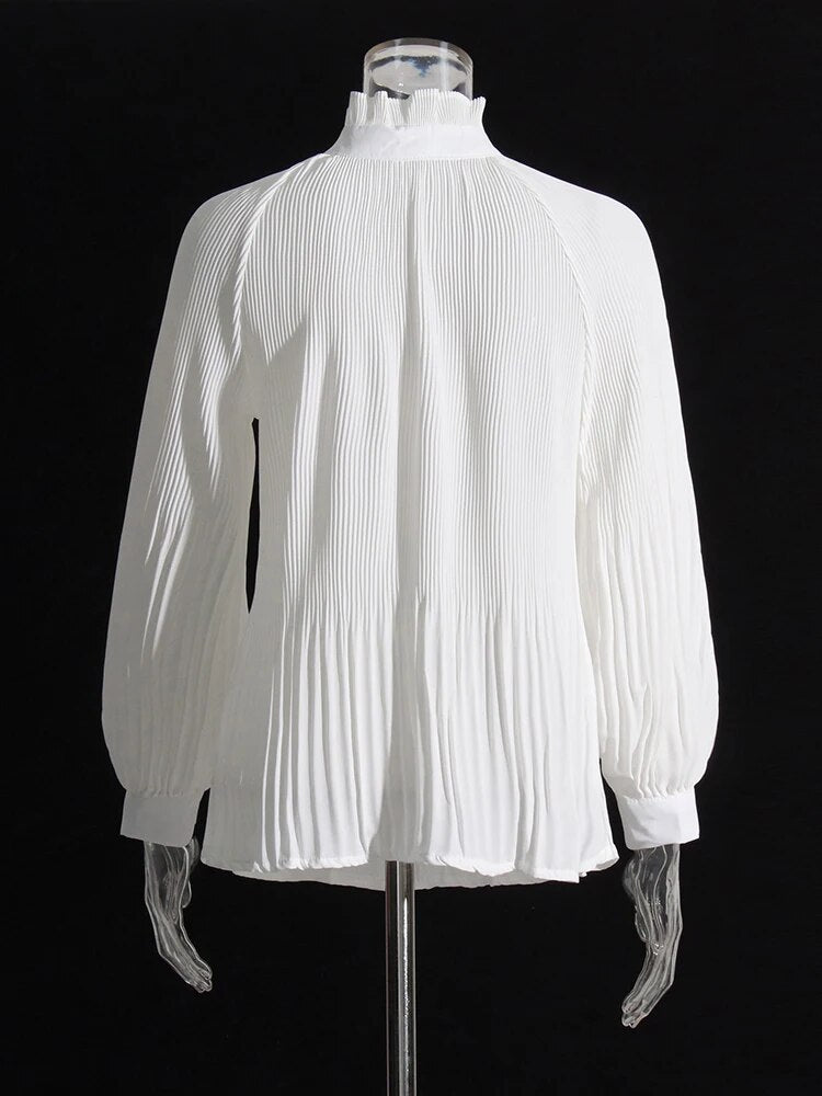 Minimalist Shirts For Women Round Neck Long Sleeve Pleated Spliced Single Breasted Blouse Female Fashion Style