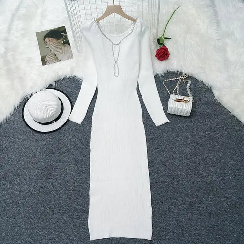 Load image into Gallery viewer, Autumn Winter Women's Solid Diamond Temperament Long Sleeved Dress French Square Neck Office Lady Knitwear Dress 2024 Simplicity
