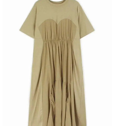Women Khaki Pleated Spliced Big Size Midi Casual Dress New Round Neck Short Sleeve Fashion Tide Spring Summer 2025 1DH9811