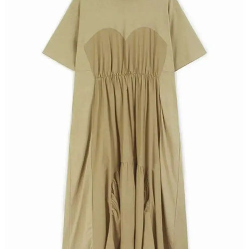 Load image into Gallery viewer, Women Khaki Pleated Spliced Big Size Midi Casual Dress New Round Neck Short Sleeve Fashion Tide Spring Summer 2025 1DH9811

