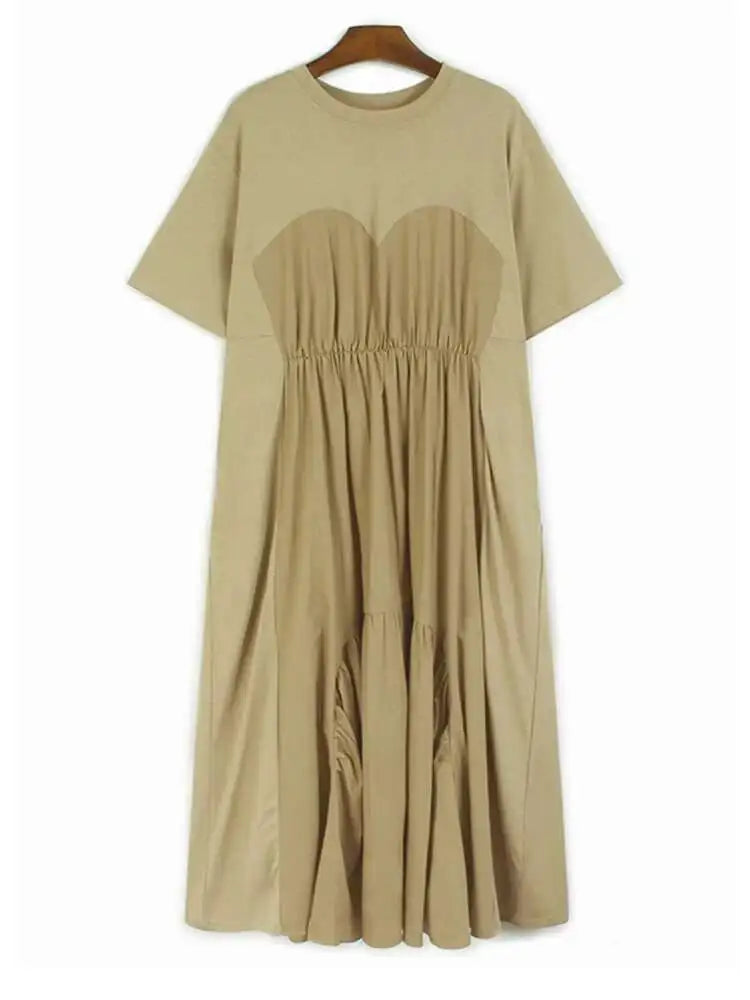 Women Khaki Pleated Spliced Big Size Midi Casual Dress New Round Neck Short Sleeve Fashion Tide Spring Summer 2025 1DH9811