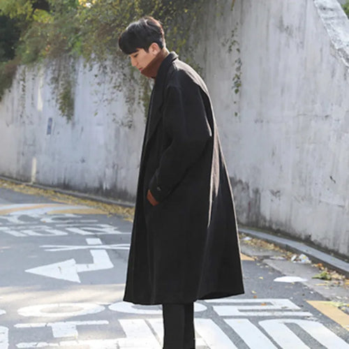 Load image into Gallery viewer, Simple Men&#39;s Woolen Overcoats Solid Color Turn-down Collar Casual Tops Overknee Single Breasted Loose Male Trench 9C8989
